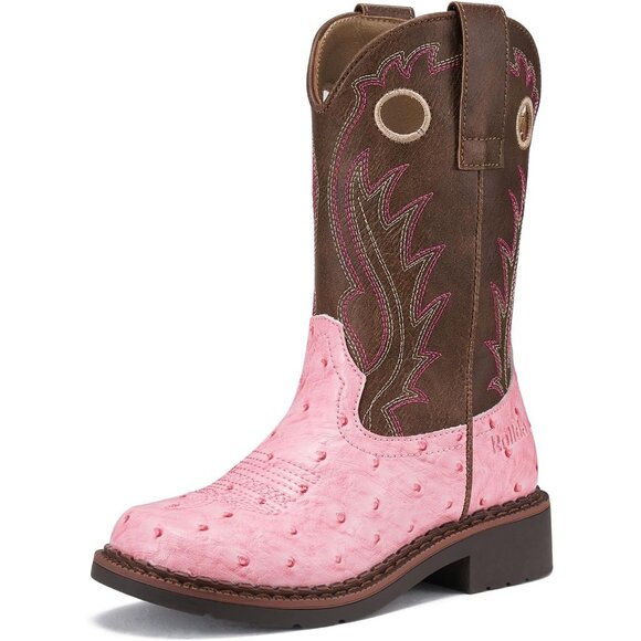 ⚡Kids Girls Pink Ostrich Western Boots Square Toe Cowgirl Boots For Toddler - Picture 1 of 5